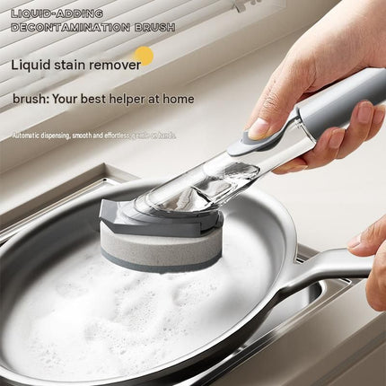 Grey Long Handle Liquid Dispensing Dish Brush(1 brush head+1 sponge brush head) - TPR and PP Construction - Press Button Soap Release,  Non Slip Grip, Kitchen Pot Pan Sink Cleaning Tool