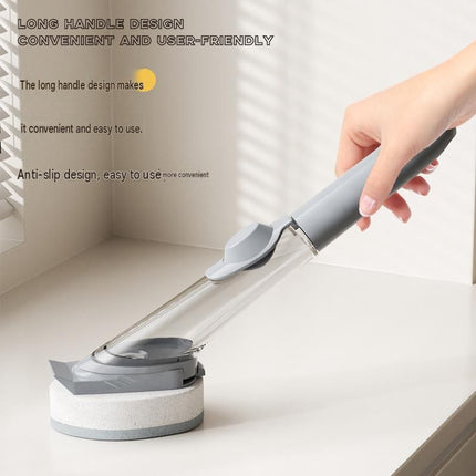 Grey Long Handle Liquid Dispensing Dish Brush(1 brush head+1 sponge brush head) - TPR and PP Construction - Press Button Soap Release,  Non Slip Grip, Kitchen Pot Pan Sink Cleaning Tool