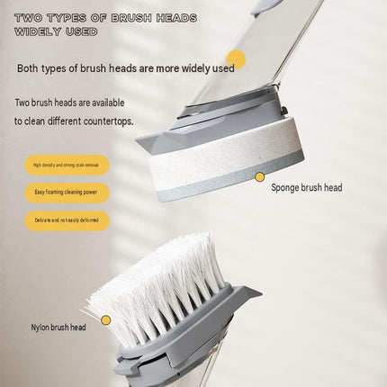 Grey Long Handle Liquid Dispensing Dish Brush(1 brush head+1 sponge brush head) - TPR and PP Construction - Press Button Soap Release,  Non Slip Grip, Kitchen Pot Pan Sink Cleaning Tool