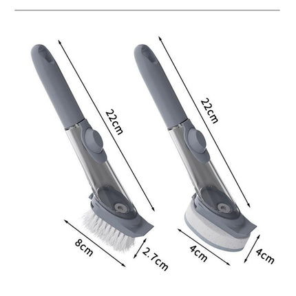 Grey Long Handle Liquid Dispensing Dish Brush(1 brush head+1 sponge brush head) - TPR and PP Construction - Press Button Soap Release,  Non Slip Grip, Kitchen Pot Pan Sink Cleaning Tool