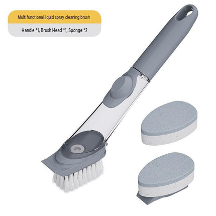 Grey Long Handle Liquid Dispensing Dish Brush(1 brush head+ 2sponge brush head) - TPR and PP Construction - Press Button Soap Release,  Non Slip Grip, Kitchen Pot Pan Sink Cleaning Tool