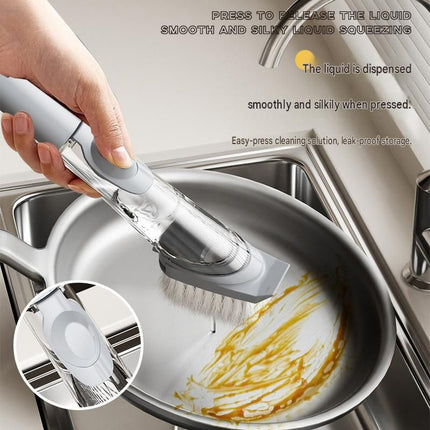 Grey Long Handle Liquid Dispensing Dish Brush（1 brush head+ 2sponge brush head） - TPR and PP Construction - Press Button Soap Release,  Non Slip Grip, Kitchen Pot Pan Sink Cleaning Tool