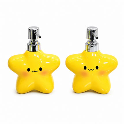 2 pcs Cute Star Shaped Ceramic Soap Dispenser - 400ml Yellow Bathroom Lotion Bottle - Press Pump for Hand Wash, Shampoo,  Sink Organizer, Decorative Vanity Accessory