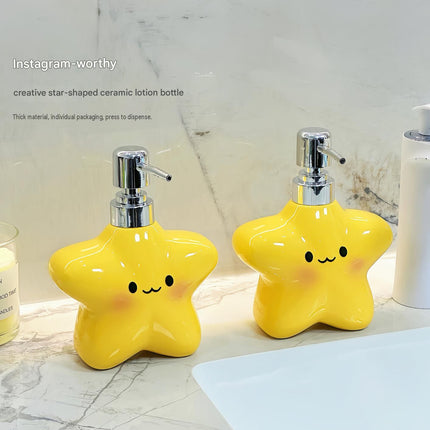 2 pcs Cute Star Shaped Ceramic Soap Dispenser - 400ml Yellow Bathroom Lotion Bottle - Press Pump for Hand Wash, Shampoo,  Sink Organizer, Decorative Vanity Accessory
