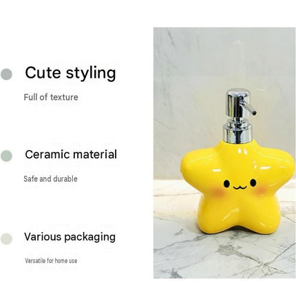 2 pcs Cute Star Shaped Ceramic Soap Dispenser - 400ml Yellow Bathroom Lotion Bottle - Press Pump for Hand Wash, Shampoo,  Sink Organizer, Decorative Vanity Accessory