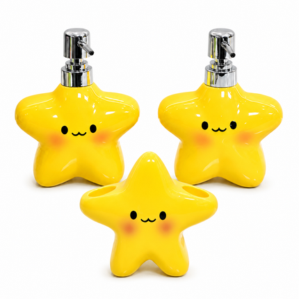 Star Electric Toothbrush Holder and Ceramic Lotion Bottle Set - Yellow Plastic Toothbrush Organizer with Dual Slots, 400ml Ceramic Pump Dispenser for Bathroom Countertop, Space Saving Home Decor