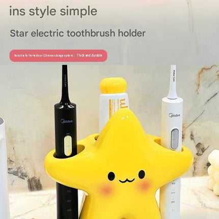 Star Electric Toothbrush Holder and Ceramic Lotion Bottle Set - Yellow Plastic Toothbrush Organizer with Dual Slots, 400ml Ceramic Pump Dispenser for Bathroom Countertop, Space Saving Home Decor