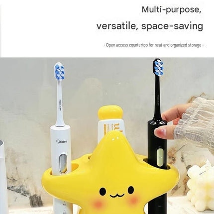 Star Electric Toothbrush Holder and Ceramic Lotion Bottle Set - Yellow Plastic Toothbrush Organizer with Dual Slots, 400ml Ceramic Pump Dispenser for Bathroom Countertop, Space Saving Home Decor