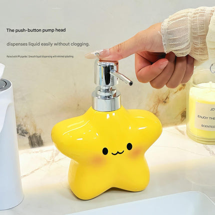 Star Electric Toothbrush Holder and Ceramic Lotion Bottle Set - Yellow Plastic Toothbrush Organizer with Dual Slots, 400ml Ceramic Pump Dispenser for Bathroom Countertop, Space Saving Home Decor