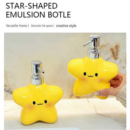 Star Electric Toothbrush Holder and Ceramic Lotion Bottle Set - Yellow Plastic Toothbrush Organizer with Dual Slots, 400ml Ceramic Pump Dispenser for Bathroom Countertop, Space Saving Home Decor