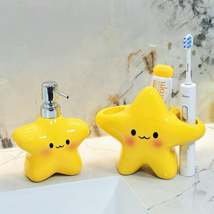 Star Electric Toothbrush Holder and Ceramic Lotion Bottle Set - Yellow Plastic Toothbrush Organizer with Dual Slots, 400ml Ceramic Pump Dispenser for Bathroom Countertop, Space Saving Home Decor