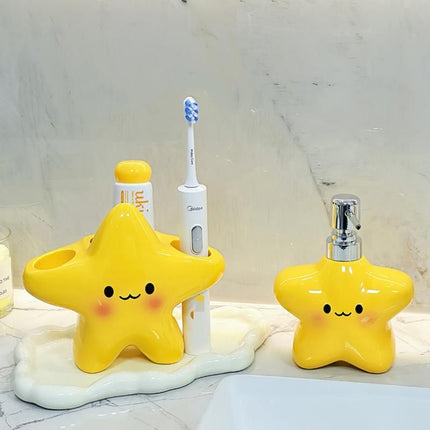 Star Electric Toothbrush Holder and Ceramic Lotion Bottle Set - Yellow Plastic Toothbrush Organizer with Dual Slots, 400ml Ceramic Pump Dispenser for Bathroom Countertop, Space Saving Home Decor