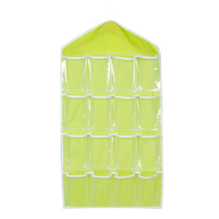 Green 16 Pocket Hanging Wardrobe Organizer - Clear PE and Polyester Storage Bag with 16 Visible Compartments, Space Saving Over Door or Closet Hanger for Socks Underwear Accessories, Foldable Home Tidy Solution