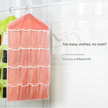 Green 16 Pocket Hanging Wardrobe Organizer - Clear PE and Polyester Storage Bag with 16 Visible Compartments, Space Saving Over Door or Closet Hanger for Socks Underwear Accessories, Foldable Home Tidy Solution