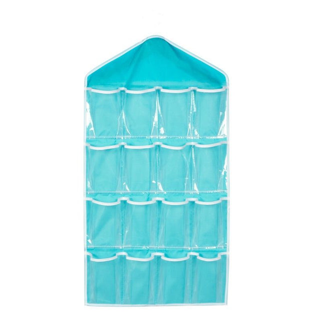 Blue 16 Pocket Hanging Wardrobe Organizer - Clear PE and Polyester Storage Bag with 16 Visible Compartments, Space Saving Over Door or Closet Hanger for Socks Underwear Accessories, Foldable Home Tidy Solution