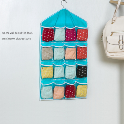 Blue 16 Pocket Hanging Wardrobe Organizer - Clear PE and Polyester Storage Bag with 16 Visible Compartments, Space Saving Over Door or Closet Hanger for Socks Underwear Accessories, Foldable Home Tidy Solution