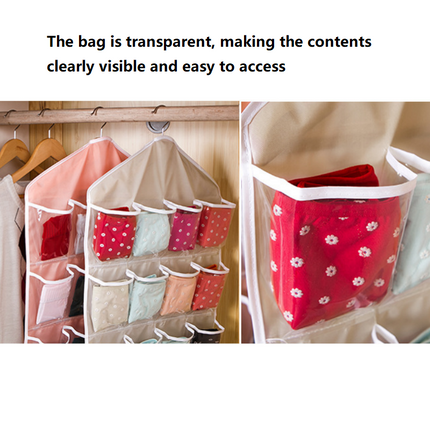 Pink 16 Pocket Hanging Wardrobe Organizer - Clear PE and Polyester Storage Bag with 16 Visible Compartments, Space Saving Over Door or Closet Hanger for Socks Underwear Accessories, Foldable Home Tidy Solution