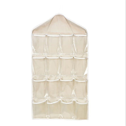 Beige 16 Pocket Hanging Wardrobe Organizer - Clear PE and Polyester Storage Bag with 16 Visible Compartments, Space Saving Over Door or Closet Hanger for Socks Underwear Accessories, Foldable Home Tidy Solution