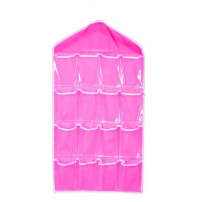 Rose-pink 16 Pocket Hanging Wardrobe Organizer - Clear PE and Polyester Storage Bag with 16 Visible Compartments, Space Saving Over Door or Closet Hanger for Socks Underwear Accessories, Foldable Home Tidy Solution