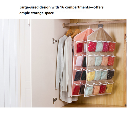 Rose-pink 16 Pocket Hanging Wardrobe Organizer - Clear PE and Polyester Storage Bag with 16 Visible Compartments, Space Saving Over Door or Closet Hanger for Socks Underwear Accessories, Foldable Home Tidy Solution
