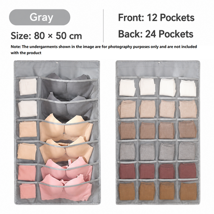 Grey Double-Sided Hanging Underwear Organizer(12 pockets on the front + 24 pockets on the back) - Breathable Non-Woven Mesh Storage Bag with Multiple Pockets for Bras Socks Panties, Washable Closet Space Saving Solution, Odourless and Durable