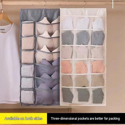 Grey Double-Sided Hanging Underwear Organizer（12 pockets on the front + 24 pockets on the back） - Breathable Non-Woven Mesh Storage Bag with Multiple Pockets for Bras Socks Panties, Washable Closet Space Saving Solution, Odourless and Durable