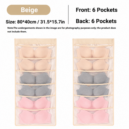 Beige Double-Sided Hanging Underwear Organizer(6 pockets on the front + 6 pockets on the back) - Breathable Non-Woven Mesh Storage Bag with Multiple Pockets for Bras Socks Panties, Washable Closet Space Saving Solution, Odourless and Durable