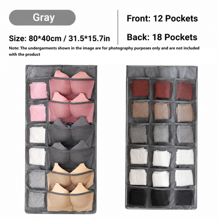 Grey Double-Sided Hanging Underwear Organizer(12 pockets on the front + 18 pockets on the back) - Breathable Non-Woven Mesh Storage Bag with Multiple Pockets for Bras Socks Panties, Washable Closet Space Saving Solution, Odourless and Durable