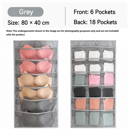 Grey Double-Sided Hanging Underwear Organizer(6 pockets on the front + 18 pockets on the back) - Breathable Non-Woven Mesh Storage Bag with Multiple Pockets for Bras Socks Panties, Washable Closet Space Saving Solution, Odourless and Durable