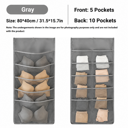Grey Double-Sided Hanging Underwear Organizer (5 pockets on the front + 10 pockets on the back)- Breathable Non-Woven Mesh Storage Bag with Multiple Pockets for Bras Socks Panties, Washable Closet Space Saving Solution, Odourless and Durable