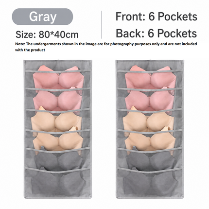 Grey Double-Sided Hanging Underwear Organizer(6 pockets on the front + 6 pockets on the back) - Breathable Non-Woven Mesh Storage Bag with Multiple Pockets for Bras Socks Panties, Washable Closet Space Saving Solution, Odourless and Durable