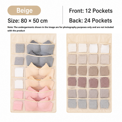 Beige Double-Sided Hanging Underwear Organizer(12 pockets on the front + 24 pockets on the back) - Breathable Non-Woven Mesh Storage Bag with Multiple Pockets for Bras Socks Panties, Washable Closet Space Saving Solution, Odourless and Durable
