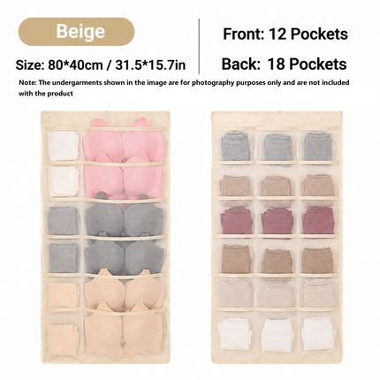 Beige Double-Sided Hanging Underwear Organizer(12 pockets on the front + 18 pockets on the back) - Breathable Non-Woven Mesh Storage Bag with Multiple Pockets for Bras Socks Panties, Washable Closet Space Saving Solution, Odourless and Durable