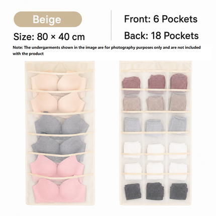 Beige Double-Sided Hanging Underwear Organizer(6 pockets on the front + 18 pockets on the back) - Breathable Non-Woven Mesh Storage Bag with Multiple Pockets for Bras Socks Panties, Washable Closet Space Saving Solution, Odourless and Durable