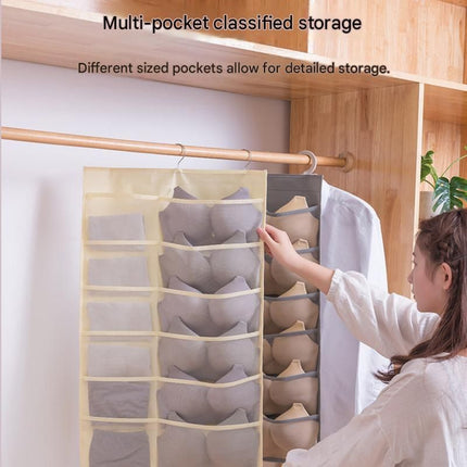 Beige Double-Sided Hanging Underwear Organizer（6 pockets on the front + 18 pockets on the back） - Breathable Non-Woven Mesh Storage Bag with Multiple Pockets for Bras Socks Panties, Washable Closet Space Saving Solution, Odourless and Durable
