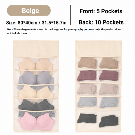 Beige Double-Sided Hanging Underwear Organizer (5 pockets on the front + 10 pockets on the back)- Breathable Non-Woven Mesh Storage Bag with Multiple Pockets for Bras Socks Panties, Washable Closet Space Saving Solution, Odourless and Durable