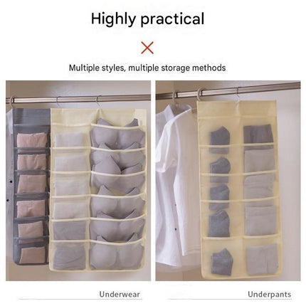 Beige Double-Sided Hanging Underwear Organizer （5 pockets on the front + 10 pockets on the back）- Breathable Non-Woven Mesh Storage Bag with Multiple Pockets for Bras Socks Panties, Washable Closet Space Saving Solution, Odourless and Durable