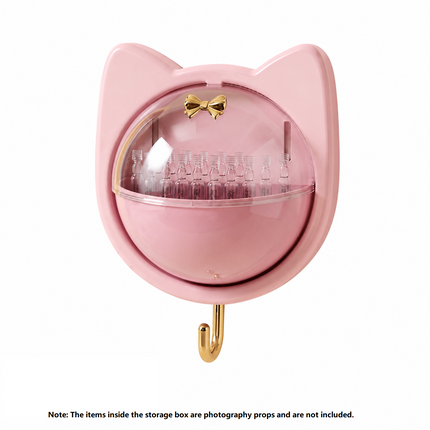 Pink Cat-shaped design Wall Mount Storage Box - Dustproof Transparent Lid with Internal Dividers and Bottom Hook, PP PET ABS Adhesive Organizer for Bathroom Vanity, Space Saving Skincare and Cotton Bud Holder