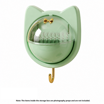 Green Cat-shaped design Wall Mount Storage Box - Dustproof Transparent Lid with Internal Dividers and Bottom Hook, PP PET ABS Adhesive Organizer for Bathroom Vanity, Space Saving Skincare and Cotton Bud Holder