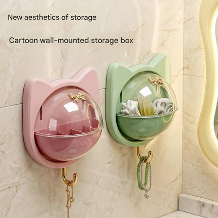 Green Cat-shaped design Wall Mount Storage Box - Dustproof Transparent Lid with Internal Dividers and Bottom Hook, PP PET ABS Adhesive Organizer for Bathroom Vanity, Space Saving Skincare and Cotton Bud Holder