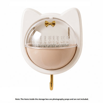 Beige Cat-shaped design Wall Mount Storage Box - Dustproof Transparent Lid with Internal Dividers and Bottom Hook, PP PET ABS Adhesive Organizer for Bathroom Vanity, Space Saving Skincare and Cotton Bud Holder