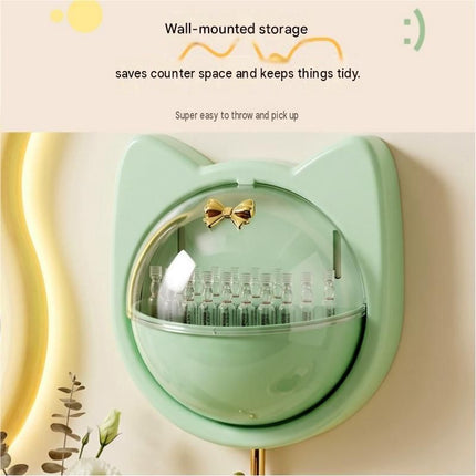 Beige Cat-shaped design Wall Mount Storage Box - Dustproof Transparent Lid with Internal Dividers and Bottom Hook, PP PET ABS Adhesive Organizer for Bathroom Vanity, Space Saving Skincare and Cotton Bud Holder