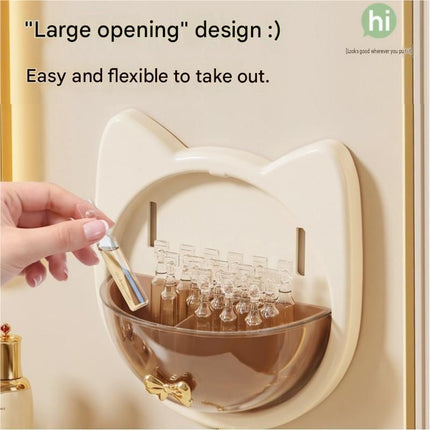 Beige Cat-shaped design Wall Mount Storage Box - Dustproof Transparent Lid with Internal Dividers and Bottom Hook, PP PET ABS Adhesive Organizer for Bathroom Vanity, Space Saving Skincare and Cotton Bud Holder