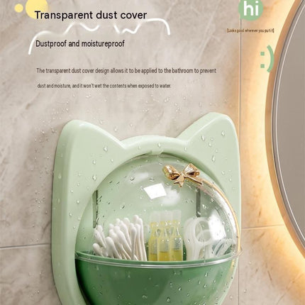 Beige Cat-shaped design Wall Mount Storage Box - Dustproof Transparent Lid with Internal Dividers and Bottom Hook, PP PET ABS Adhesive Organizer for Bathroom Vanity, Space Saving Skincare and Cotton Bud Holder