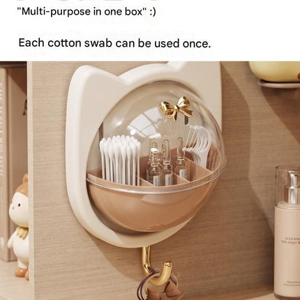 Beige Cat-shaped design Wall Mount Storage Box - Dustproof Transparent Lid with Internal Dividers and Bottom Hook, PP PET ABS Adhesive Organizer for Bathroom Vanity, Space Saving Skincare and Cotton Bud Holder