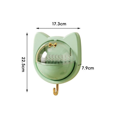 Beige Cat-shaped design Wall Mount Storage Box - Dustproof Transparent Lid with Internal Dividers and Bottom Hook, PP PET ABS Adhesive Organizer for Bathroom Vanity, Space Saving Skincare and Cotton Bud Holder