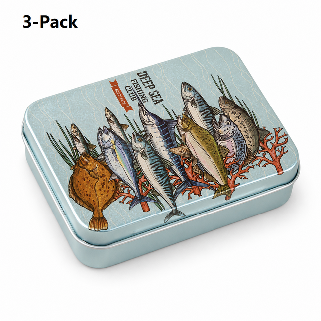 3-Pack Deep-sea fish patterns Portable Metal Storage Box for Cotton Swabs and Coins – Compact and Portable (95x70mm), Durable Storage Accessory