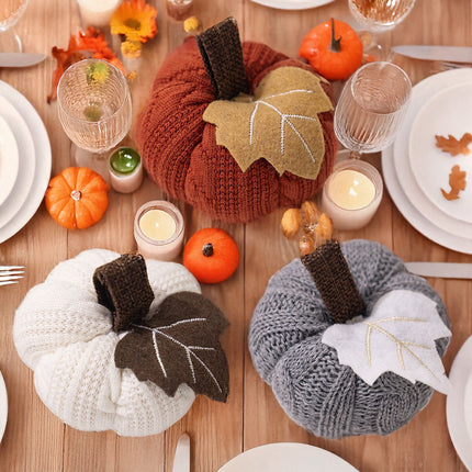 3-pack Brown and Grey and White Knitted Pumpkin Decoration - Polyester Fabric Fall Harvest Ornament With Hanging Loop For Thanksgiving Table Centre And Farmhouse Home Decor
