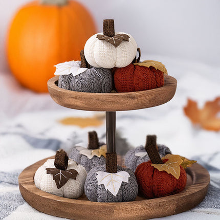 3-pack Brown and Grey and White Knitted Pumpkin Decoration - Polyester Fabric Fall Harvest Ornament With Hanging Loop For Thanksgiving Table Centre And Farmhouse Home Decor
