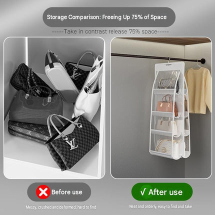 Grey 8-compartment Hanging Handbag Organizer - Double-Sided Non-Woven PVC Storage Bag with Transparent Pockets - Space-Saving Wardrobe Closet Hanger for Purses and Accessories